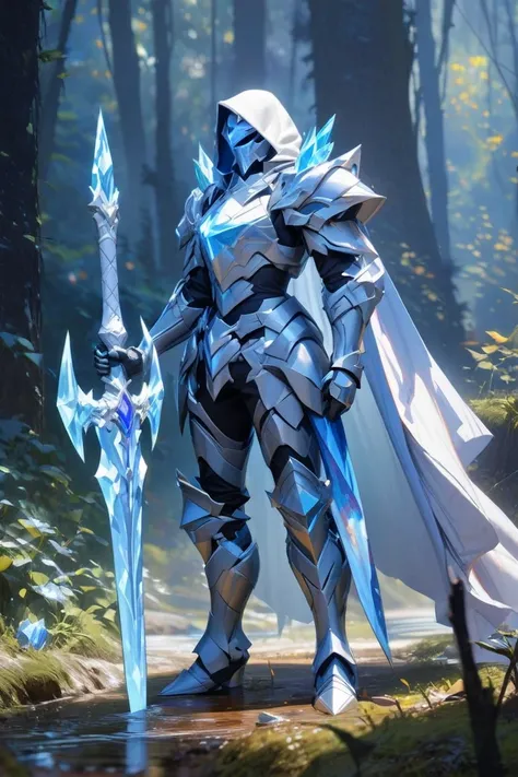 Crystal knight holding with one hand a sword stuck in the ground in a dark forest where his armor emanates light
High resolution, hood, Necessary,  best quality, detail, details altos, HD model,  Impressionism, 