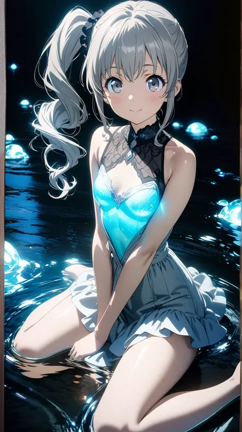 lifelike stunning 16k anime, keyvisual, top quality, ultra detailed and accurate drawing, exquisite absurdres, cute girl, solo, shoulder length hair, gray hair, gray eyes, exquisite detailed face and eyes, small breasts, side ponytail, tareme, wariza, smil...