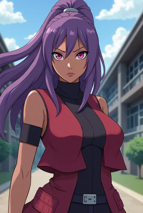 Create images of a female character in the Naruto anime style.  She has purple hair , Strong pink eyes, dark skin and a curvy body, She is wearing the school uniform