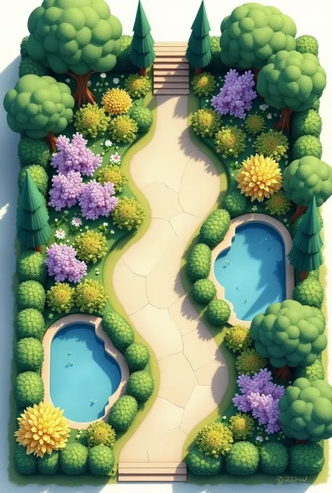 Create a garden plan with((  Top view )) ,  in watercolors curved paths , trees, pins , fir trees, cypress trees , lilac flowers, rose,  yellow and white carnations , and two beautiful pools 