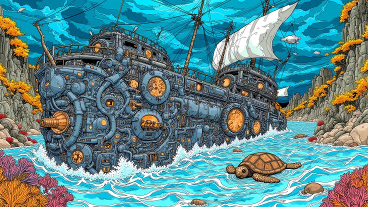 Like a sunken ship on the seabed drawn with a thin brush々What fish , a sinking pirate ship ,coral,Hermit crab,turtle,Shark, dmt Death of Ego , Exquisite Futuristic Art    , DMT Art,    DMT Egodes    ,     Art drawn by Keiichi Tanaami in the style of Dan Mu...