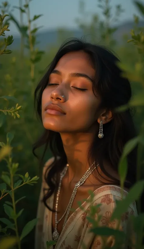 A serene Indian girl, Mizo's gentle soul, gazes into the distance with eyes closed, chain necklace glinting softly in the warm sunlight. Framed by lush greenery, her peaceful expression and delicate features are set against a subtle gradient of blues, evok...