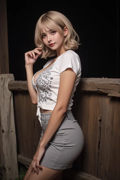 １人の girl 　 ruins at night　 girl (18 years old)　 Wolf Cut　 Short Wave Hair  　Blonde　 no eye highlights 　 open pupils 　 grey eyes 　Mouth half open　Big Breasts　 black skin　 animal print (Leopard print)Praja　white t-shirt with cleavage visible　 gray miniskirt ...