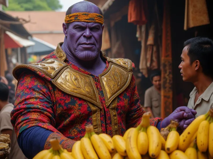 Picture Thanos, the mighty Titan, selling bananas in a lively Java market. He's dressed in vibrant traditional Java Batik and use Udeng is a traditional Javanese headband that features an elegant and traditional design . His imposing figure stands behind a...