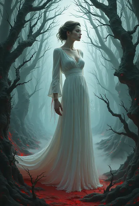 **A beautiful woman in a long, tight, ghostly silk dress depicted in a fable of terrifying foliage, twisted branches, creepy creatures and a menacing forest environment. Employ a varied color palette of misty gray, white, sky blue and blood red to emphasiz...