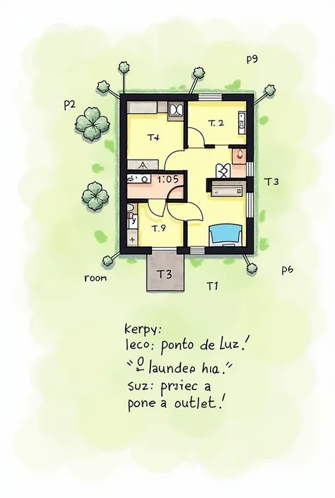  Then ,  a textual description of the plant with the markings:

|             room                |
|        (p1)                (T1) |
|                                (T2) |
|------------------------         |
|          kitchen             |
|        (p...