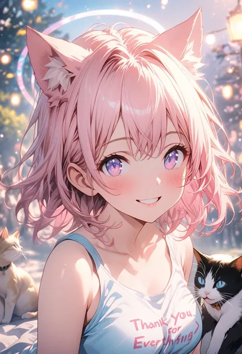 masterpiece,  best quality,  Highly Detailed CG Unity 8K Wallpaper,  anime illustration of a high school girl.  girl with cat ears 、 Picnic、 pink eyes, wear a larger tank top、 she says 「{{x}}」 written on it, " thank you for everything ," The ,   she says 目...