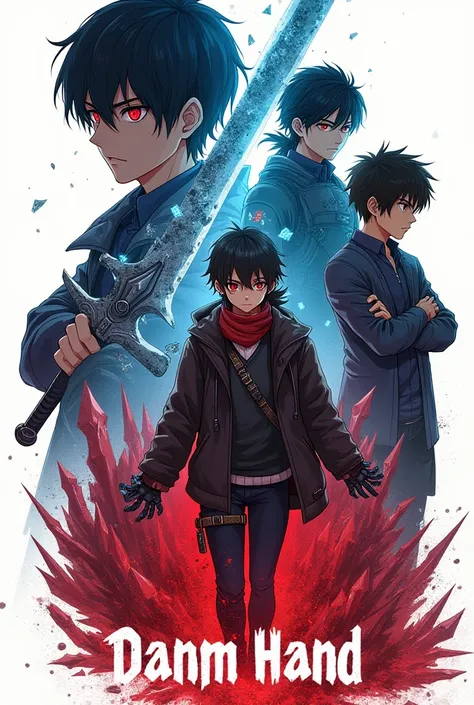 . The cover is designed in an incredibly well illustrated 2D anime manga style . A layer of "Danm Hand" it features a simple white background,  highlighting the main characters .  at the city centre,  Ryo Kazuma is in battle position , wielding his blade m...