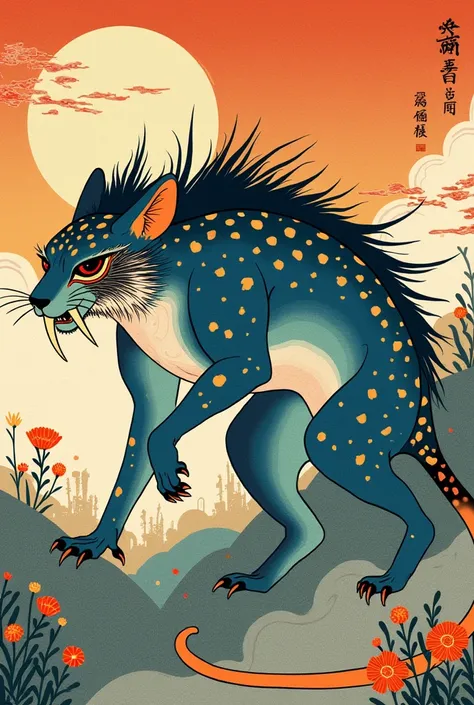 Ukiyo-e: yōkai hybrid with the characteristics of a blue cheetah, teal rat and orange warthog.