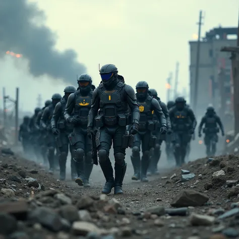 A group of soldiers in futuristic, tactical uniforms with a predominantly black design accented by striking blue and yellow details. They are marching through a desolate, war-torn battlefield, with rubble, destroyed buildings, and scattered debris surround...