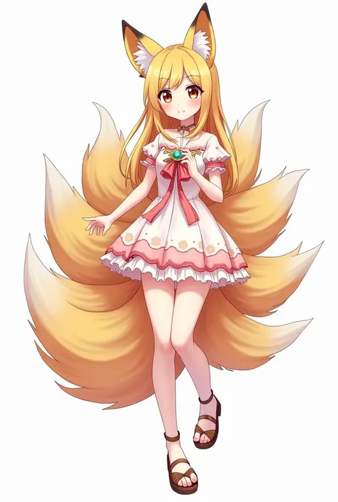  cute girl{A fox girl with 9 tails},Anime Character Sheet,  white background , 1 minute ,full shot