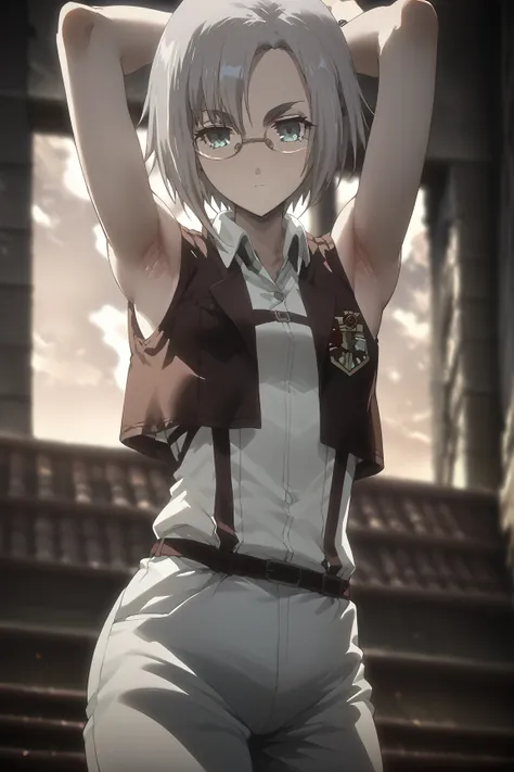 score_9, score_8_up, score_7_up, score_6_up, score_5_up, score_4_up,  Disconnect Source _animation,
  Rich Quick , 1girl , solo , Blue Eyes,Glasses,gray hair,short hair,  Sleeveless Vest,   Sleeveless Uniform ,Training Corps  \(badge\),,  White Pants , Exp...