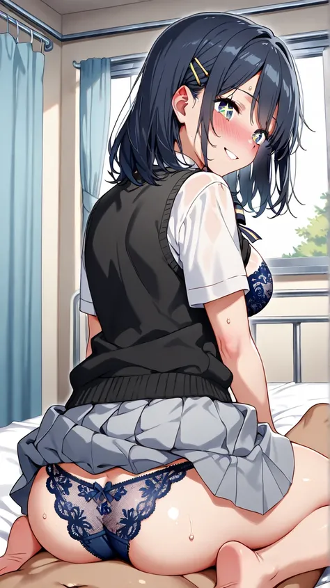     top quality  、Masterpiece、(              1 girl :1.3)、

White bed in the infirmary 、 school infirmary、evening、window、Schoolyard、

 blue lace panties    、 high school students,

uniform,Unbutton the white shirt and show off the blue lace bra、 gray pleat...