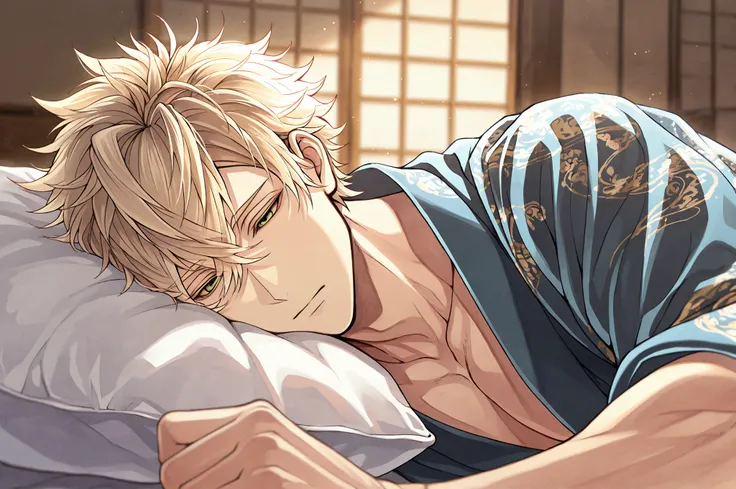 (masterpiece, best quality), best score, amazing quality, very aesthetic, absurdres, highres, newest, HDR, 8K, high detail RAW color art, 1boy, closed mouth, Tokugawa Ieyasu, Ikemen Sengoku, jade green eyes, straw blond, flaxen hair, lean, muscular, sexy m...