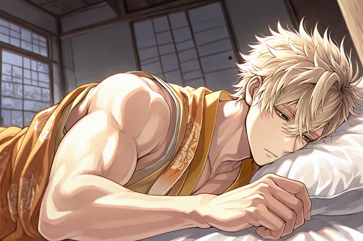 (masterpiece, best quality), best score, amazing quality, very aesthetic, absurdres, highres, newest, HDR, 8K, high detail RAW color art, 1boy, closed mouth, Tokugawa Ieyasu, Ikemen Sengoku, jade green eyes, straw blond, flaxen hair, lean, muscular, sexy m...