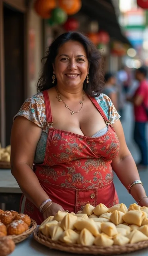  Beautiful 50-year-old Mexican woman with big breasts and cleavage; oiled boobs, braless,  a little obese ,  but she has a voluptuous body , pretty and sensual ,  wears a dress and wears an apron ,  she sells tamales on the street in Mexico City 