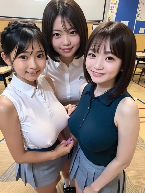 ( high definition)、( High Quality )、( short hair as left eye)、( tight and sleeveless shirt)、( collared shirt)、(shirt with button on the chest )、( miniskirt)、( two Japanese girls )、( bring their faces close to the camera:1.2)、( bring your face close to here...