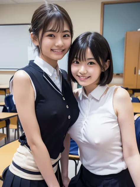 ( high definition)、( High Quality )、( short hair as left eye)、( tight and sleeveless shirt)、( collared shirt)、(shirt with button on the chest )、( miniskirt)、( two Japanese girls )、( bring their faces close to the camera:1.2)、( bring your face close to here...