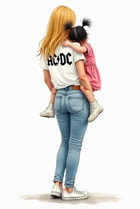 Watercolor drawing showing a girl with her back wearing long skinny jeans with a t-shirt that wears ACDC in black, in addition to wearing white sneakers and straight dark blonde hair with half mane that is holding hands with a baby who is also on her back ...