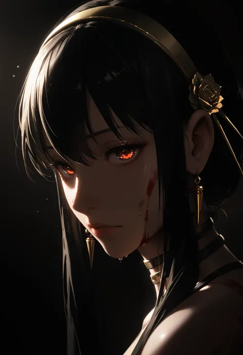 1girl, solo, yor briar, dutch angle, close up, black hair, golden headband, red eyes, blood stains, intricate choker, cold stare, dark background, dark theme wallpaper, masterpiece, high quality, highly detailed