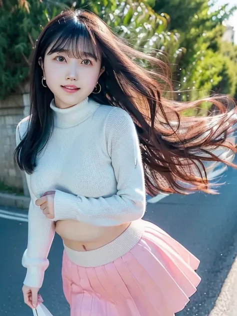 woman, 20 years old, Short black wavy hair、Bans、 Puffy Nipples 、( white turtleneck knit 、 pink skirt ),  black stockings、Medium milk,  cute smile、(( poses that emphasize buttocks、I looked back))、 sexy hips 、 black high heels、big necklace、((((The skirt was ...