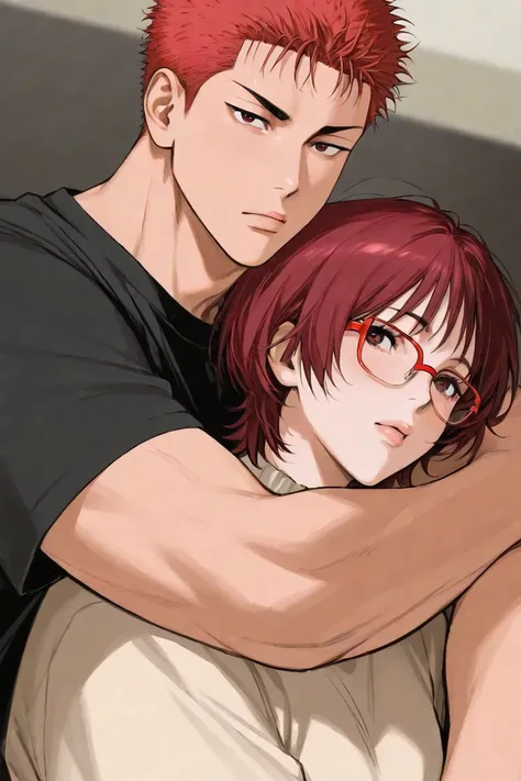 the models are couple, the girl is black short hair wearing red glasses. the boy is red hair sakuragi hanamichi from slam dunk. they are couple and the background is Slam Dunk 