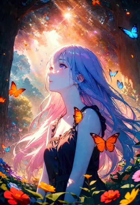 (woman\(student, Age 15, ＪＫ,  long hair,  colorful eyes,  blue-white skin，)  Looking Up at the Sky ), (  lots of butterflies flying in the sky), Beautiful sky, summer， colorful flowers blooming everywhere々, Mysterious and dreamy ,Big Tree，quality\(8k,CG wa...