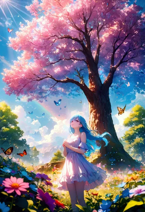 (woman\(student, Age 15, ＪＫ,  long hair,  colorful eyes,  blue-white skin，)  Looking Up at the Sky ), (  lots of butterflies flying in the sky), Beautiful sky, summer， colorful flowers blooming everywhere々, Mysterious and dreamy ,Big Tree，quality\(8k,CG wa...