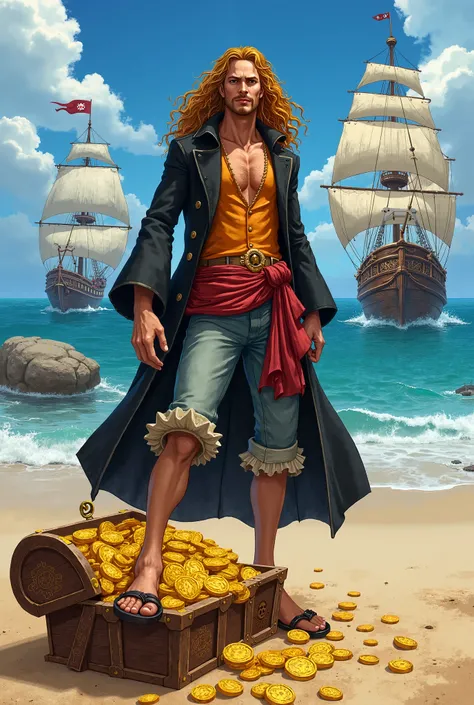 Silvers Rayleigh of one piece with brown skin and curly brown hair with the colors of her clothes in black, orange and gold on a beach, stepping on an open treasure chest filled with gold coins behind him, a fleet of 3 pirate ships, one on the right, one i...