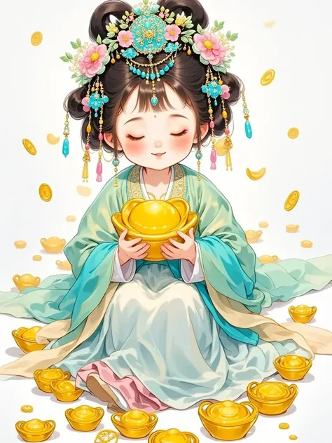 Beautiful and cute， Chinese style ，Light blue background    ，Happy mood  