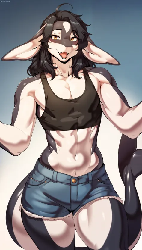 Anthro_dog, male, (long black hair), ((fluffy orca)), ((black and white fur)), femboy, solo, Masterpiece, best_quality, highly_detailed, anthro_only, shorts, tank top, black shark tail, tall ears, white ears, smiling, happy, by_cervina_7