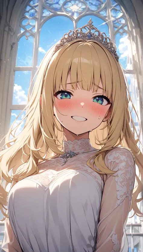 ,  1 girl in the best, Alone,  dress ,  tiara ,  Hime cut hair:1.3、 long hair、Blonde,  shoulder out, wedding  dress ,   lace stockings、, white  dress 、smile、Church with a sea view、blue sky、Large windows with only frames and glass on the entire wall:1.8、Lig...