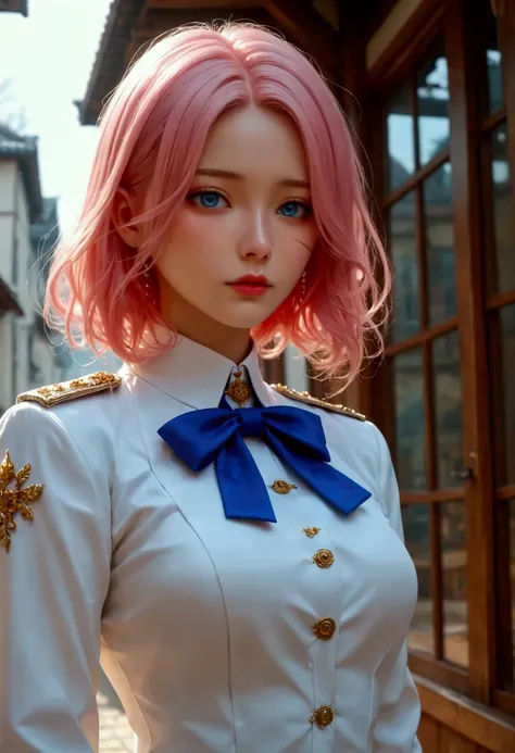 (finely Details beautiful eyes and Details face,masterpiece sidelighting,masterpiece, best quality, Details, high resolution),, ( 1 girl in the best,whole body,Bishoujo Town , shiny skin , Look Down, watch viewers),, ( pink hair with a scar,blue eyes,...