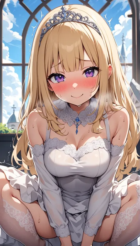 ,  1 girl in the best, Alone,  dress ,  tiara ,  Hime cut hair:1.3、 long hair、Blonde,  shoulder out, wedding  dress ,   lace stockings、, white  dress 、smile、Church with a sea view、blue sky、 large windows with only frames and glass on the entire wall:1.8、Li...