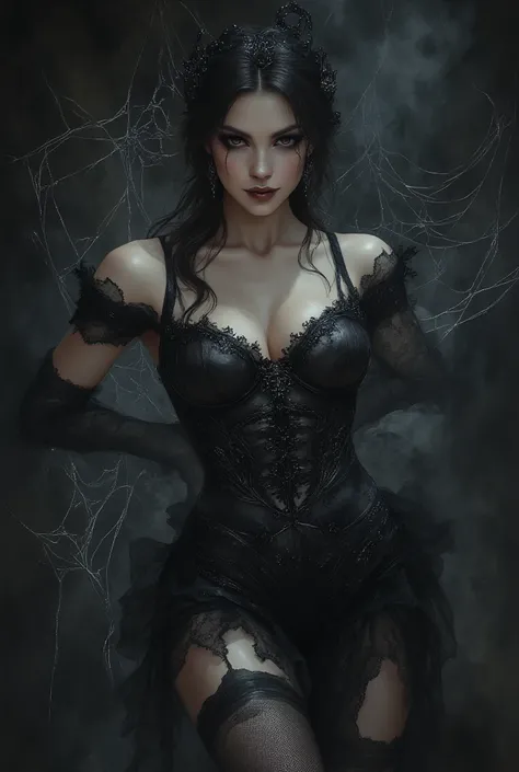 Create an image of the most stunningly gorgeous beautiful perfect sexy woman, stunningly beautiful face, showing clevage, large breast , perfect ass , full body view , long black tight edgGD lace goth dress, spider webs,