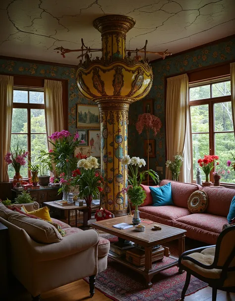 punk、 Art Nouveau decorative merry-go-round living room、  Old Cracked Artistic Dirty Living Room 、Stained 、 Dried Flowers 、There are a lot of flowers、 white red pink yellow 、 colorful、 in the woods、  photos、  in ultra high quality、 A dim evening、