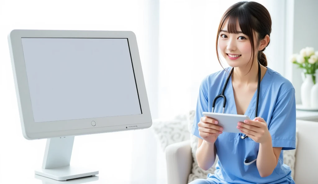 Tablet device on the left side 　The nurse on the right side 　 the nurse is doing squats with the tablet device　 The tablet terminal screen is a gray screen with nothing on it　 big breasts,  smiles, The color of the nurse's clothes is light blue 