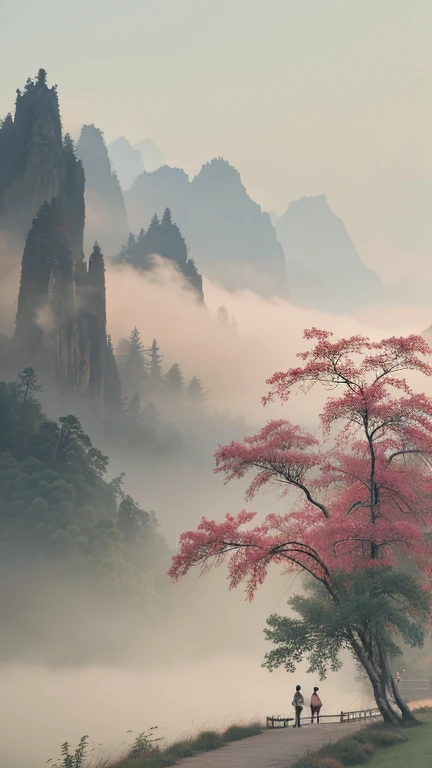 The tree，scenecy，copyright_Name Early morning fireworks on the field in the early morning，A morning mist blooms like fireworks，The hot summer sun gently passes through the clouds，Illuminating the hazy scene。The flowers and greenery in the picture are bathe...