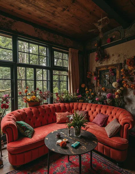 punk、 dirty floral living room like an art nouveau decorative merry-go-round、  old cracked artistic dirty floral living room 、Stained 、 Dried Flowers 、There are a lot of flowers、  colorful、 in the woods、 Ultra HD Photos、 A dim evening、You're the greatest A...