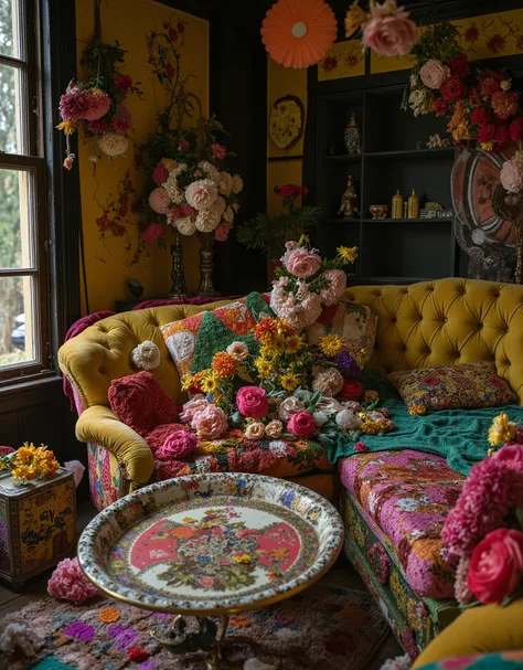 punk、 dirty floral living room like an art nouveau decorative merry-go-round、  old cracked artistic dirty floral living room 、Stained 、 Dried Flowers 、There are a lot of flowers、  colorful、 in the woods、 Ultra HD Photos、 A dim evening、You're the greatest A...