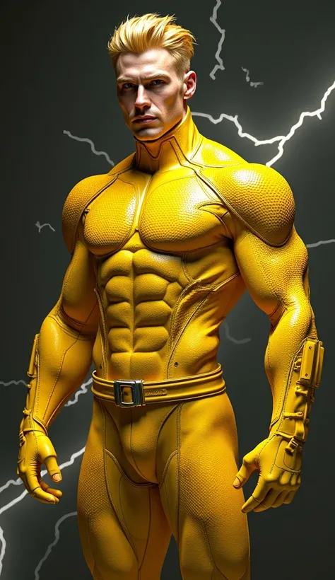 full full body photorealistic handsome hunky fractal masculine  titans yell haired elecromancer.. wearing yellow reptile skinned texture leather spandex super suit , with belt and gloves..look at camera, detailed face parts,, studio as background, Freestyl...