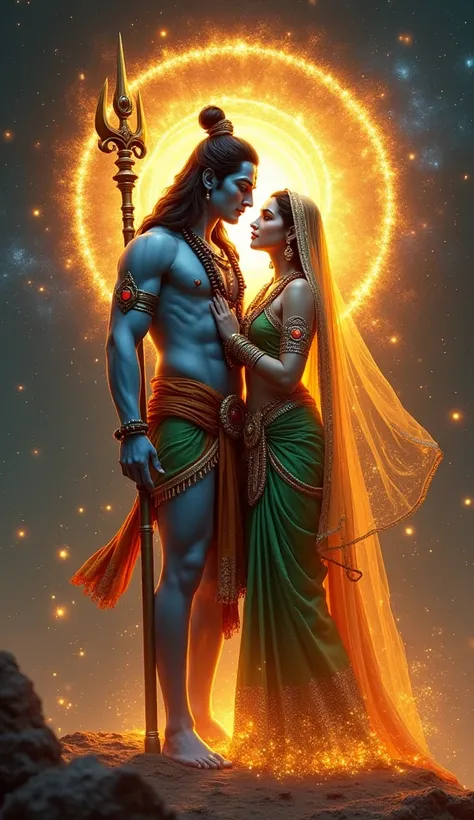 "A transformer realistic glowing particles divine depiction of Lord Shiva and Goddess Parvati standing together in an ethereal embrace. Lord Shiva holds a glowing trident (Trishul) radiating fiery orange light, while his serene blue skin contrasts with his...