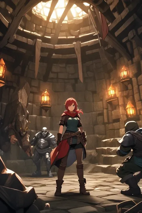  fantasy, dungeon,Golem,Thief and Female Adventurer, red hair, black hair