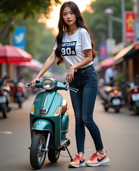  Full image  ,  South West Asian Girl With Round Face ,Age 25 years, Korean Girl Style Makeup ,  eyes are very detailed ,  Glowing Portland Skin, Red cheeks, Pink skin,  glazed tile skin , ,  dark jeans, old shorts missing, wearing a white round neck T-shi...