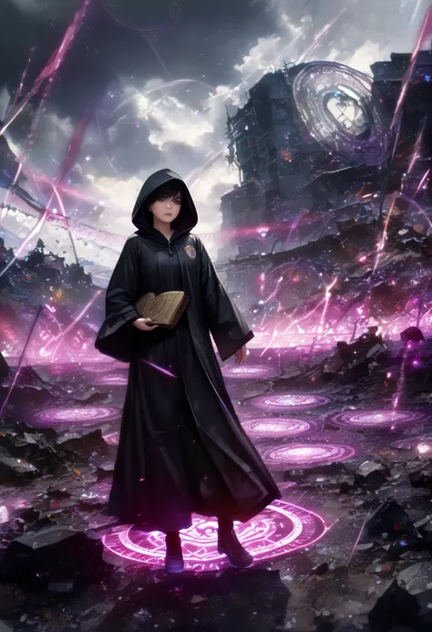 masterpiece,perfect face,best quality,expressive eyes, ultra detailed,(full body shot),(1 cute  girl:),(solo:1.2) ,  blue eyes,,A witch researching black magc,(devastated battle field,waste land), long black hair , (in black classic robe with hood hiding e...