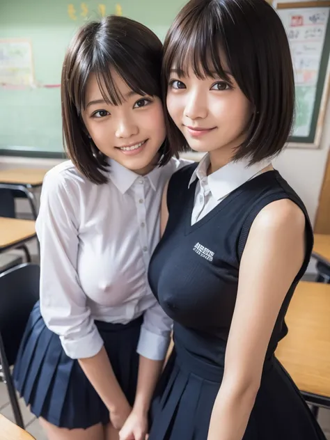 ( high definition)、( High Quality )、( short hair as left eye)、( tight and sleeveless shirt)、( collared shirt)、(shirt with button on the chest )、( miniskirt)、( two Japanese girls )、( bring their faces close to the camera:1.2)、( bring your face close to here...