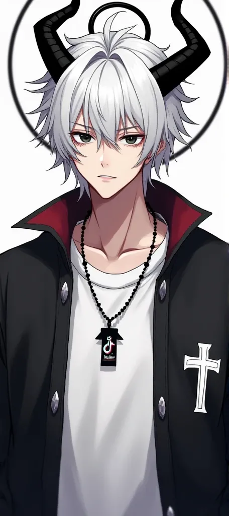 A young man with white hair and fair skin and dark eyes with a serious expression with horns and a black halo wearing clothes, a white polo shirt and a black jacket with a cross sign on the black jacket and a necklace with the TikTok badge and a great pose...