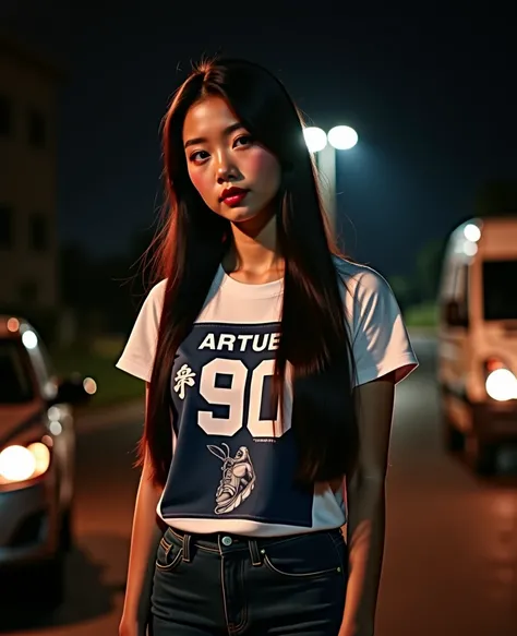  Full image  ,  South West Asian Girl With Round Face ,Age 25 years, Korean Girl Style Makeup ,  eyes are very detailed ,  Glowing Portland Skin, Red cheeks, Pink skin,  glazed tile skin , ,  dark jeans, old shorts missing, wearing a white round neck T-shi...