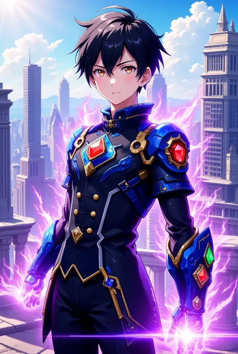 Masterpiece, High Quality, High Resolution, High Definition, 8k, Terrace Of Building, City, Day, (((Full Body, Dynamic Pose))), (((Perfect Anime Style))), (((Super Powers))).

(((Boy: Shota: 1.5, Young, ((short black hair:1.6, brown eyes, glowing eyes, pal...