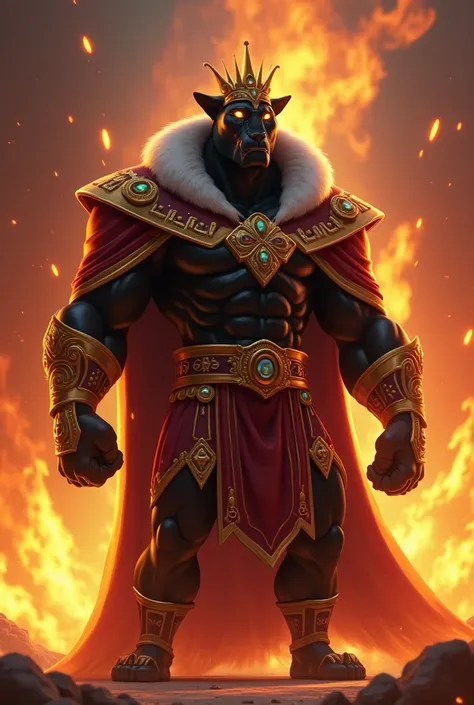 Animated King of the mighty Dashing Black Panther prepares to battle using royal garb, with fire background